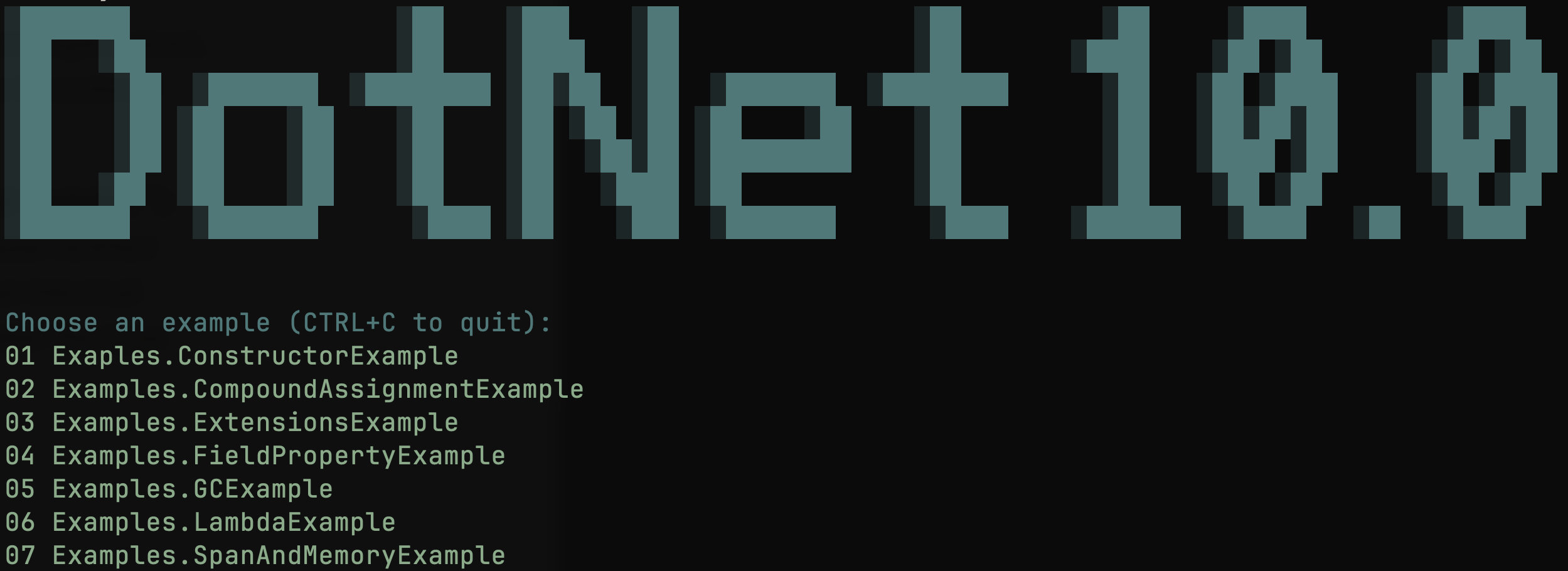 The .NET 10 Console Demo running in the terminal, showing an ASCII banner and a menu of examples