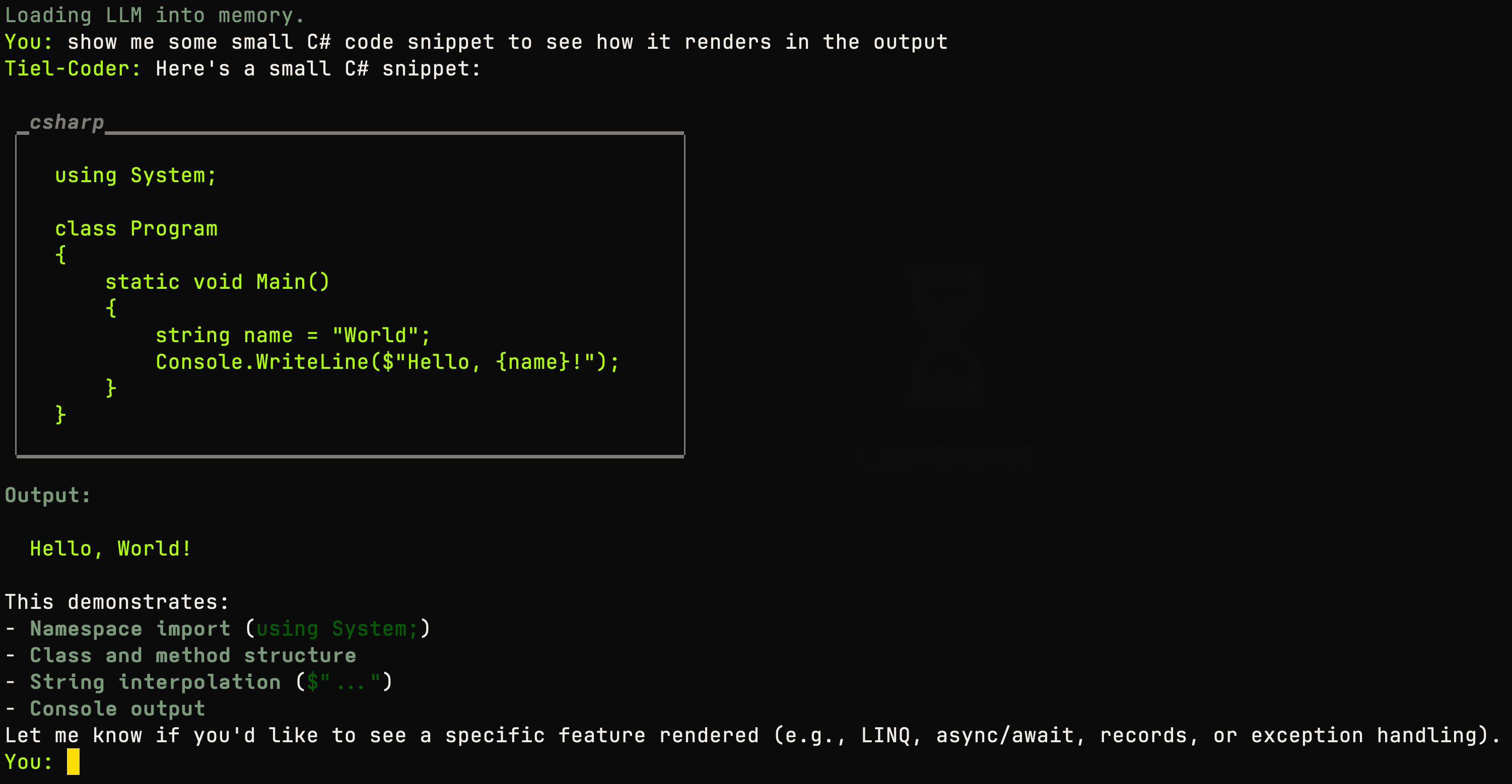 Terminal chat session with a C# code snippet, syntax-highlighted by the Run LLM console app